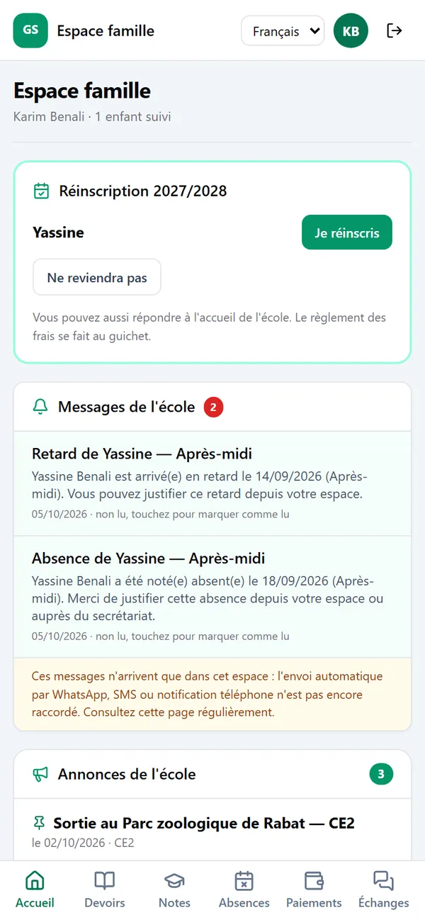 Espace famille sur téléphone : réinscription, messages et annonces de l’école
